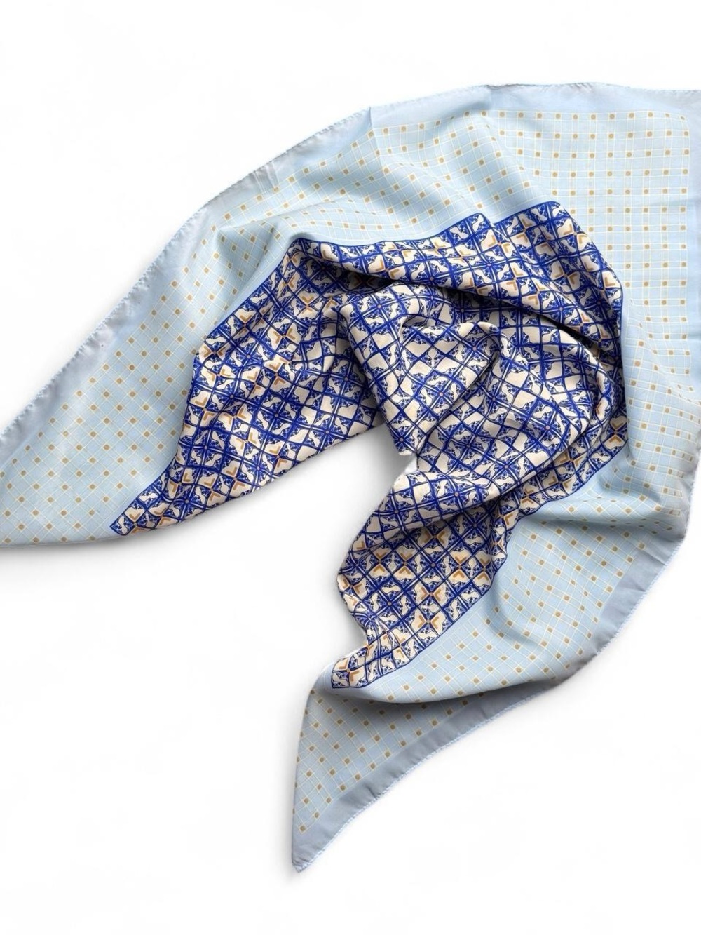 Blue Mediterranean Tile Print Satin Feel Scarf 31x31
